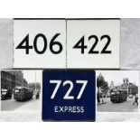 Small selection of London Transport bus and coach stop enamel E-PLATES comprising routes 406, 422