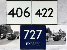 Small selection of London Transport bus and coach stop enamel E-PLATES comprising routes 406, 422
