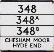 London Transport bus stop enamel E-PLATE for routes 348/348A/348B destinated Chesham Moor, Hyde End.