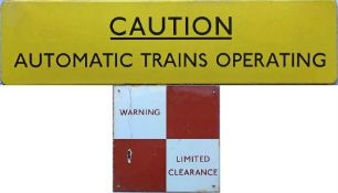 London Underground ENAMEL SIGNS comprising, firstly, 1960s 'Caution, Automatic Trains Operating',