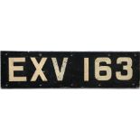 London Transport trolleybus front REGISTRATION PLATE EXV 163 from K2-class vehicle 1163. Vendor