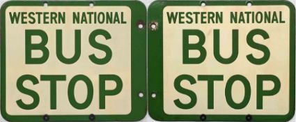 Western National enamel BUS STOP FLAG. A 1950s/60s double-sided sign in cream and green enamel.