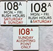 Small set of London Transport bus stop enamel E-PLATES for route 108A, all including some red