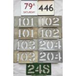 Selection of London Transport bus stop enamel E-PLATES and aluminium bus RUNNING NUMBER STENCILS