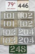 Selection of London Transport bus stop enamel E-PLATES and aluminium bus RUNNING NUMBER STENCILS