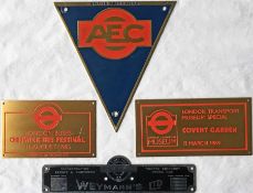 Selection of VEHICLE BADGES comprising a c1930s AEC brass radiator badge, a 1940s/50s London