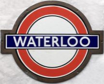 1930s London Underground small, framed STATION BULLSEYE SIGN 'Waterloo'. Measuring 13" x 10.5" (33cm