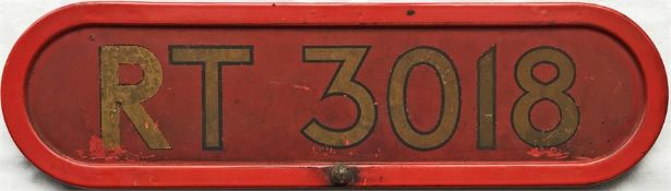 London Transport RT-type bus BONNET FLEETNUMBER PLATE from RT 3018. The original bus to carry this