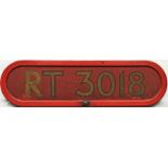 London Transport RT-type bus BONNET FLEETNUMBER PLATE from RT 3018. The original bus to carry this