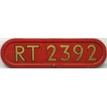 London Transport RT-type bus BONNET FLEETNUMBER PLATE from RT 2392. The original bus to carry this