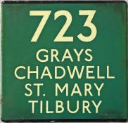 London Transport coach stop enamel E-PLATE for Green Line route 723 destinated Grays, Chadwell St