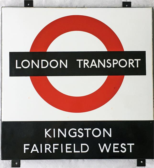 1950s/60s London Transport enamel BUS STOP SIGN 'Kingston Fairfield West' from a 'Keston' wooden bus