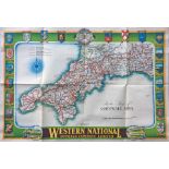 1930s Western National POSTER ROUTE MAP of bus services in the Cornwall Area. Also shows Southern