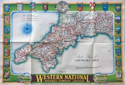 1930s Western National POSTER ROUTE MAP of bus services in the Cornwall Area. Also shows Southern