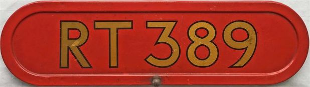 London Transport RT-type bus BONNET FLEETNUMBER PLATE from RT 389. The original bus to carry this