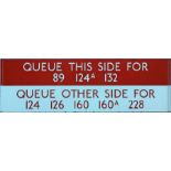 London Transport bus stop enamel Q-PLATE 'Queue this side for 89, 124A, 132, Queue other side for