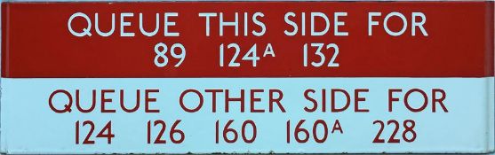 London Transport bus stop enamel Q-PLATE 'Queue this side for 89, 124A, 132, Queue other side for