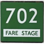 London Transport coach stop enamel E-PLATE for Green Line route 702 annotated 'Fare Stage'. In