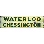 c1940s Southern Railway CARRIAGE DESTINATION BOARD 'Waterloo' with 'Chessington' on the reverse.