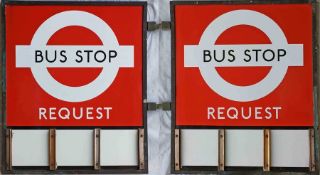 1940s/50s London Transport enamel BUS STOP FLAG 'Request'. An E3 type with runners for 3 e-plates on