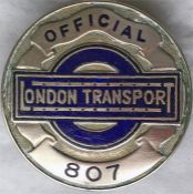 London Transport OFFICIAL'S PLATE with id number 807 from the first series issued in the 1930s. Made