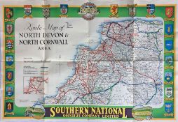 1930s Southern National POSTER ROUTE MAP of bus services in the North Devon & North Cornwall Area.