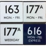 Small selection of London Transport bus stop enamel E-PLATES comprising 163 Mon-Fri, 177A Mon-Fri,