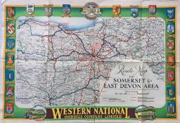 1930s Western National POSTER ROUTE MAP of bus services in the Somerset & East Devon Area. Also