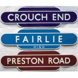 Small selection of reproduction enamel BR STATION TOTEMS (all half-flanged) comprising Crouch End (