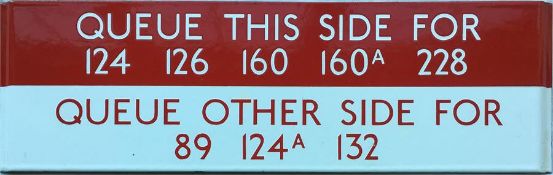 London Transport bus stop enamel Q-PLATE 'Queue this side for 124, 126, 160, 160A, 228, Queue