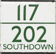 London Transport bus stop enamel E-PLATE for Southdown routes 117 and 202 with the green lettering