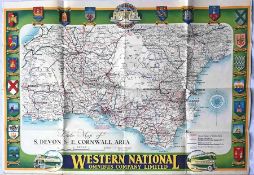 1930s Western National POSTER ROUTE MAP of bus services in the S Devon & E Cornwall Area. Also shows