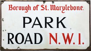A c1930s Borough of St Marylebone enamel STREET SIGN from Park Road, NW1 which runs along the west