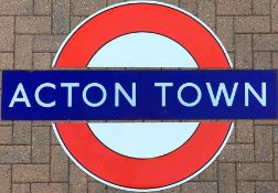 London Underground enamel PLATFORM BULLSEYE SIGN from the Holden-designed Acton Town Station on