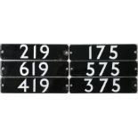 Two sets of London Underground 1973 Tube Stock enamel STOCK-NUMBER PLATES from 3-car units: 175, 575