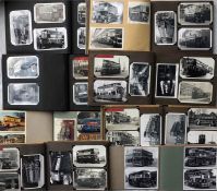 Huge quantity of mainly B&W, postcard-size PHOTOGRAPHS of London buses, coaches, trolleybuses, trams