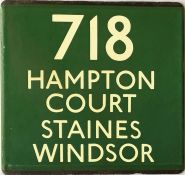 London Transport coach stop enamel E-PLATE for Green Line route 718 destinated Hampton Court,