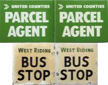 Two bus-related SIGNS, the first a c1970s 'Parcel Agent' example for United Counties, measuring