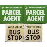 Two bus-related SIGNS, the first a c1970s 'Parcel Agent' example for United Counties, measuring