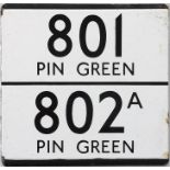 London Transport bus stop enamel E-PLATE for routes 801 and 802A, both destinated to Pin Green.