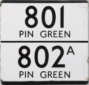 London Transport bus stop enamel E-PLATE for routes 801 and 802A, both destinated to Pin Green.