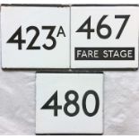 Small selection of London Transport bus stop enamel E-PLATES comprising 423A, 467 Fare Stage and