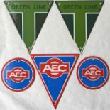 Selection of enamel VEHICLE BADGES comprising 2 x 1930s-style replica Green Line radiator plates, an