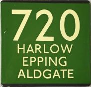 London Transport coach stop enamel E-PLATE for Green Line route 720 destinated Harlow, Epping,