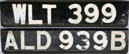 Pair of London Transport Routemaster front REGISTRATION PLATES, the first WLT 399 (ex-RM 399, 1960-