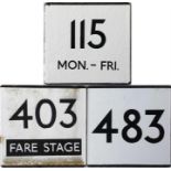 Small selection of London Transport bus stop enamel E-PLATES comprising routes 115 Mon-Fri, 403 Fare