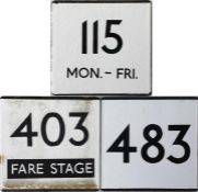 Small selection of London Transport bus stop enamel E-PLATES comprising routes 115 Mon-Fri, 403 Fare