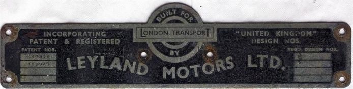 London Transport bus BODYBUILDER'S PLATE for Leyland Motors Ltd from one of the 500 RTW-type Leyland