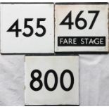 Small selection of London Transport bus stop enamel E-PLATES comprising routes 455, 467 Fare Stage