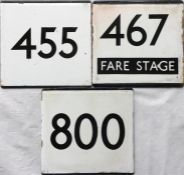 Small selection of London Transport bus stop enamel E-PLATES comprising routes 455, 467 Fare Stage